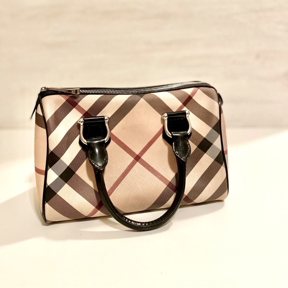 Burberry Boston Bag Nova Check Coated Canvas Black Leather